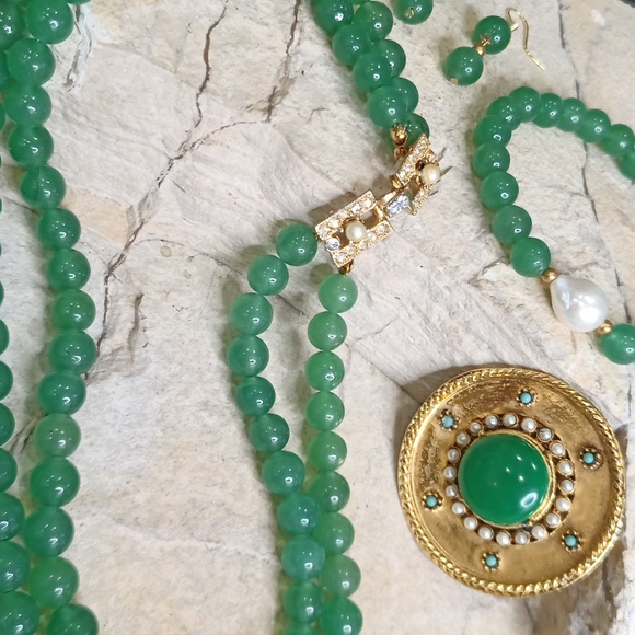 Vintage Green Aventurine Jewelry Set pearl turquoise Necklace Earrings Brooch - Picture 10 of 11